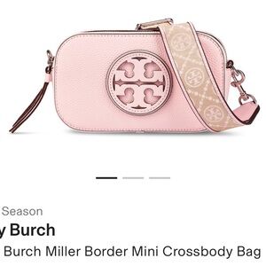 Tory Burch Miller Blush Pebbled Leather Mini Crossbody with Logo Strap